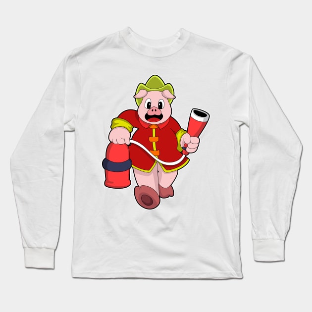 Pig as Firefighter with Fire extinguisher Long Sleeve T-Shirt by Markus Schnabel